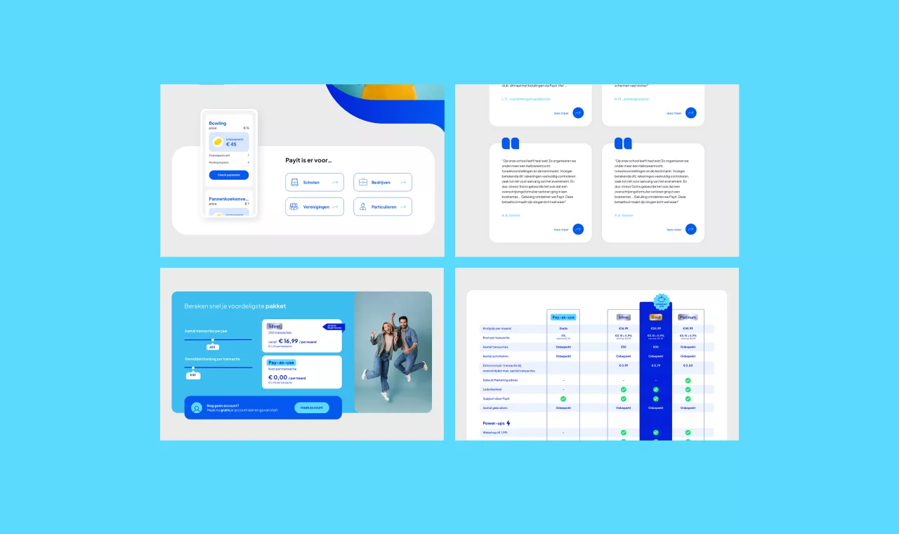 Verschillende inhoudsblokken van de website van payit