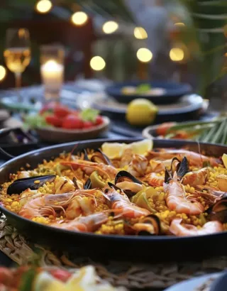 paella in een zwarte schaal op een feesttafel